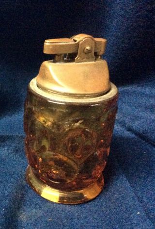 Vintage Amber Colored Glass Table Top Lighter Brass Top