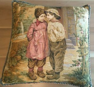 Vintage French Tapestry Throw Pillow 18 X18 " Floral Children