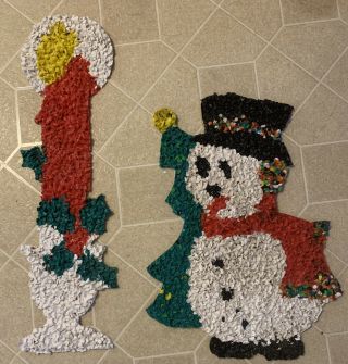 2 Vintage Christmas Melted Plastic Popcorn Decorations Snowman & Candle