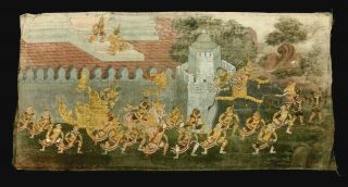 Antique Southeast Asian Temple Painting,  Very Old,  On Cloth With Gilt,  70” X 34 "