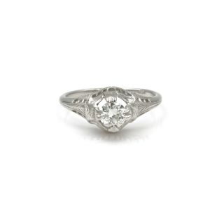 Vintage 14k White Gold.  51 Ct Rd Diamond Art Deco Filigree Ring Sz.  6.  5 960b