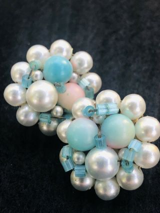 Rare Signed Japan Baby Blue Pink Creamy Beaded Cluster 50’s Vintage Earrings