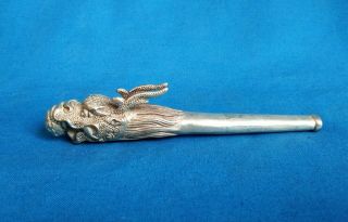 Rare Chinese Tibetan Silver Hand Carved Dragon Cigarette Holder Pipe