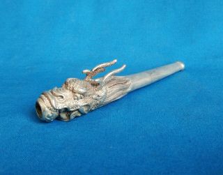 Rare Chinese Tibetan Silver Hand Carved Dragon Cigarette Holder pipe 2