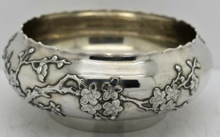 Good Chinese Export Solid Silver Bowl.  Applied Plum Blossom.  Luenwo C1900.  210g