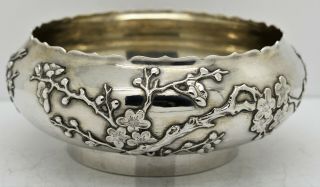 Good Chinese Export solid silver BOWL.  APPLIED PLUM BLOSSOM.  Luenwo c1900.  210g 2