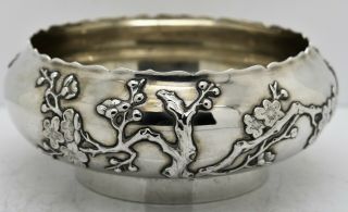 Good Chinese Export solid silver BOWL.  APPLIED PLUM BLOSSOM.  Luenwo c1900.  210g 5