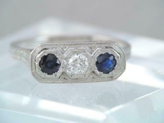 Antique Art Deco Solid Platinum Diamond & Blue Sapphire Filigree Ring