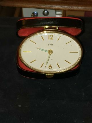 Vintage Bradley Wind Up Folding Travel Alarm Clock Red Leather Case,  German Made