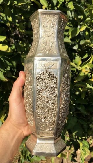 Antique 19thc Persian Middle Eastern Solid Silver Repousse Birds Flower Vase 11 "
