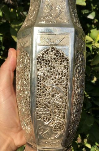 ANTIQUE 19thC PERSIAN MIDDLE EASTERN SOLID SILVER REPOUSSE BIRDS FLOWER VASE 11 