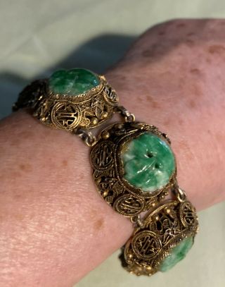 Antique Chinese Export Silver & Carved Jadeite Jade Filigree Vintage Bracelet