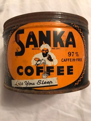 Vintage Sanka 1 Lb.  Coffee Tin Can Great Graphics Food Advertising