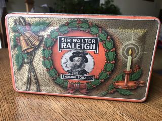 Vintage Sir Walter Raleigh Smoking Tobacco Christmas Wreath Tin Can Oblong