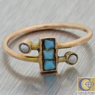 1880s Antique Victorian Estate 14k Rose Gold Seed Pearl Turquoise Steampunk Ring