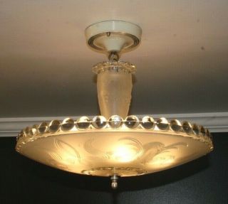 Antique 16 Inch Frosted Glass Art Deco Ceiling Light Fixture Chandelier 1940s
