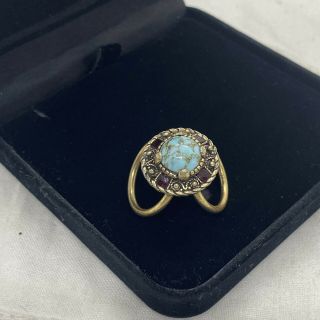 Vintage Miracle Scarf Ring Turquoise Colour Stone Gold Tone Round Celtic Retro
