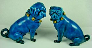 19thc Antique Pair Turquoise Blue Pug Dogs With Bell Collars,  Meissen Swords