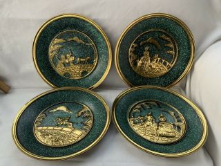 Set Of 4 Vintage Dimensional Brass Wall Plates With Green Accent