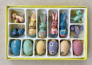 Vintage Wooden Easter Ornaments Lilian Vernon Miniature Bunny Rabbits Birds Eggs