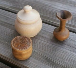 3 Vintage Carved Wooden Small Ornaments Hand Carved Detail Mini Vases & Box