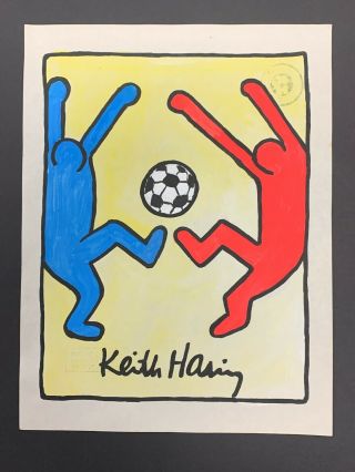 Vintage Keith Haring Signed Pop Art Soccer Painting On Paper W Gallery Stamps