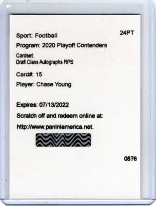 2020 Contenders Chase Young Draft Class Rps Auto Rookie /25 Washington Rc Sp