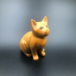 Vintage Folk Art Hand Carved Wooden Cat Figurine Wood Sculpture Primitive Kitten