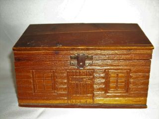 Unique Vintage Carved Log Cabin Wooden Cigar Box With Metal Latch