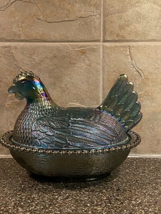 Vintage Chicken Rooster Hen On Nest Bowl Iridescent Carnival Glass Blue Green