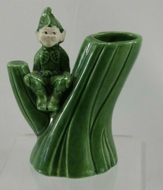 Vtg Treasure Craft Pixie Elf Ceramic Tree Stump Green Planter