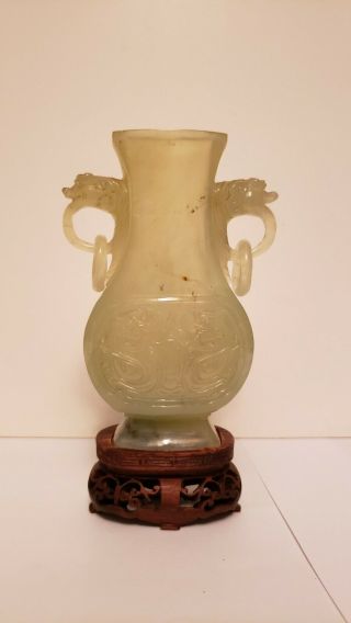 Antique Chinese 19th Century Carved Haitian Celadone Color Jade Vase With Base.