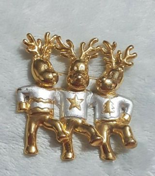 Signed Cajc Vintage Christmas Brooch Three Dancing Reindeer Gold Tone Pin Gift