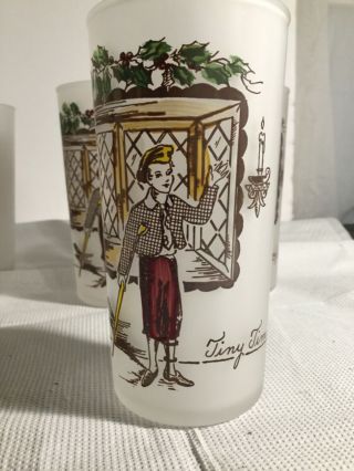VINTAGE HAZEL ATLAS CHARLES DICKENS 7 FROSTED GLASS TUMBLERS Scrooge Tiny Tim 2