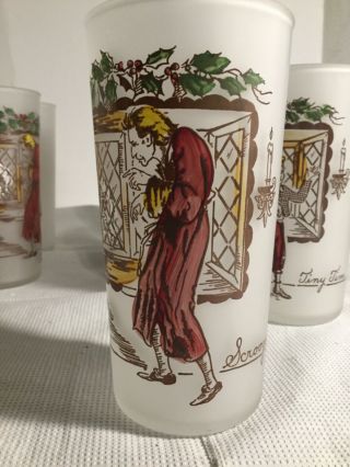 VINTAGE HAZEL ATLAS CHARLES DICKENS 7 FROSTED GLASS TUMBLERS Scrooge Tiny Tim 3