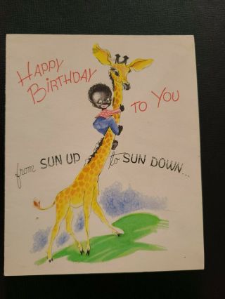 Vtg Birthday Greeting Card Black Americana Boy On Giraffe 1930s Golden Bell