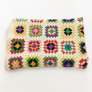 Vintage Hand Crocheted Afghan Blanket Handmade Granny Squares White 40” X 48”