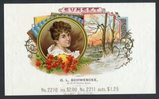 Old Sunset Sample Cigar Label - O.  L.  Schwencke Litho.  N.  Y.