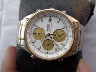 Rare Vintage Ss & Gold Seiko Alarm Chronograph 7t32 - 7b30 Quartz Mens Wristwatch