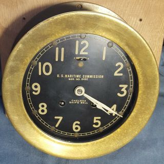 Antique Vintage Brass CHELSEA SHIP ' S BELL CLOCK U.  S.  MARITIME COMMISSION WWII? 2