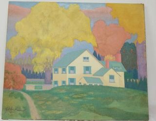 Antique Vintage Signed Pastel Bright Color Oil Painting House Landscape H.  W Wack