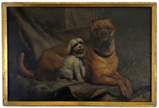 Antique 19thc Victorian Bullmastiff Terrier Dogs Portrait Oil On Canvas Painting