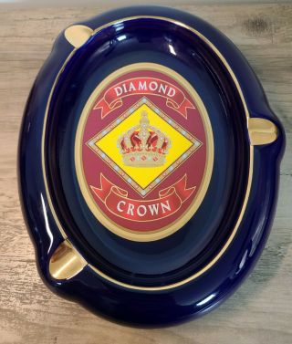 Diamond Crown Ash Tray Cobalt Blue Gold Trim Ceramic 3 Cigar Large Tobacciana