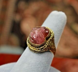 Estate Antique Chinese Silver Adjustable Large Carved Pink Tourmaline Ring