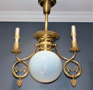 Antique Opalescent Iridescent Candle Gas Electric Combo Chandelier Light Fixture