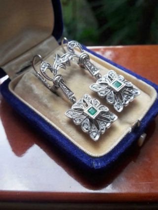45’s Vintage Antique Palladium Emerald Diamond Dangle Drop Earrings