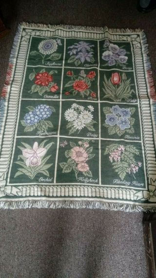 Vintage Goodwin Weavers Cotton Fringed Throw Blanket Flowers
