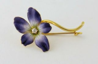 Antique Victorian 14k Old Mine - Cut Diamond Enamel Violet Flower Pin Brooch
