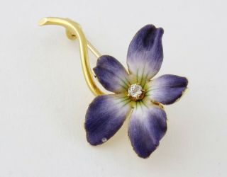 Antique Victorian 14K Old Mine - cut Diamond Enamel Violet Flower Pin Brooch 2