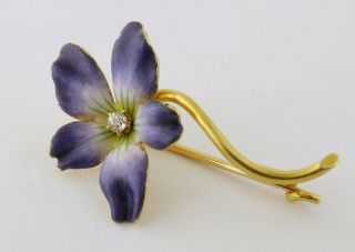Antique Victorian 14K Old Mine - cut Diamond Enamel Violet Flower Pin Brooch 3
